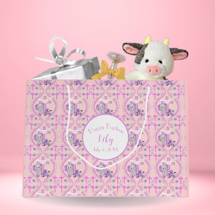Rosa Baby Elefant mit Taube und Kreuztaufen Große Geschenktüte