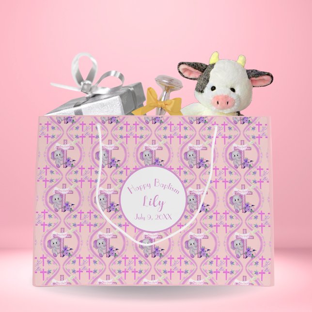 Rosa Baby Elefant mit Taube und Kreuztaufen Große Geschenktüte (Von Creator hochgeladen)