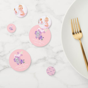 Rosa Baby Elefant mit Taube und Kreuztaufen Konfetti