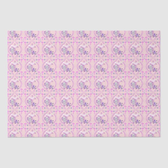 Rosa Baby Elefant mit Taube und Kreuztaufen Seidenpapier (Vorderseite)