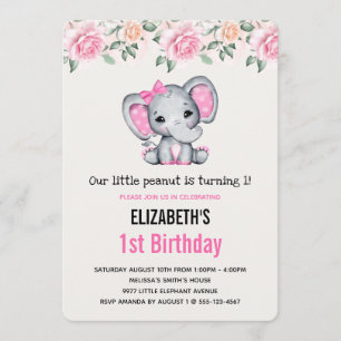 Rosa Baby-Elefant und Rosenrand Geburtstag Einladung