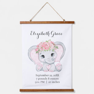 Rosa Baby-Elefanten-Geburtsstatistik Baby-Party-Ge Wandteppich Mit Holzrahmen