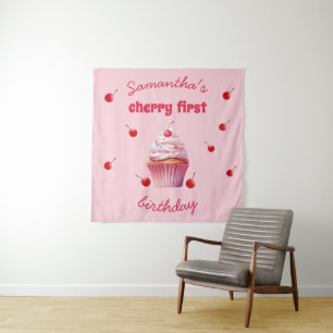 Rosa Baby Erste Kirsche & Cupcake Geburtstagsfeier Wandteppich