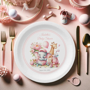 Rosa Baby Girl Elefant & Giraffe Golf Baby Shower Pappteller