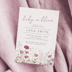Rosa Baby in Blüte Florale Wildblumen-Babyparty Einladung