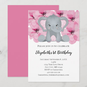 Rosa Baby Mädchen Elefant Blumen Floral Süß Einladung