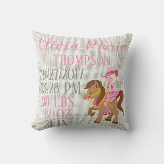 Rosa Baby-Mädchen-ReitWestern-Pferdepony-Geburt Kissen (Vorderseite)