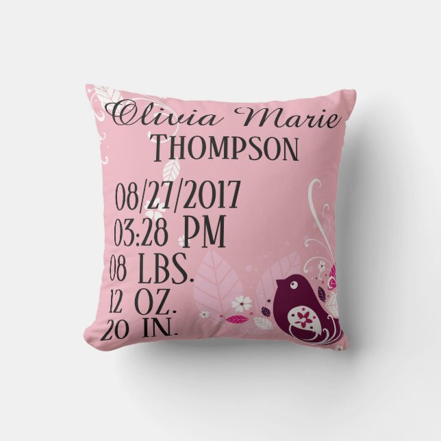 Rosa Baby-Mädchen-Vogel verlässt Blume Kissen (Vorderseite)