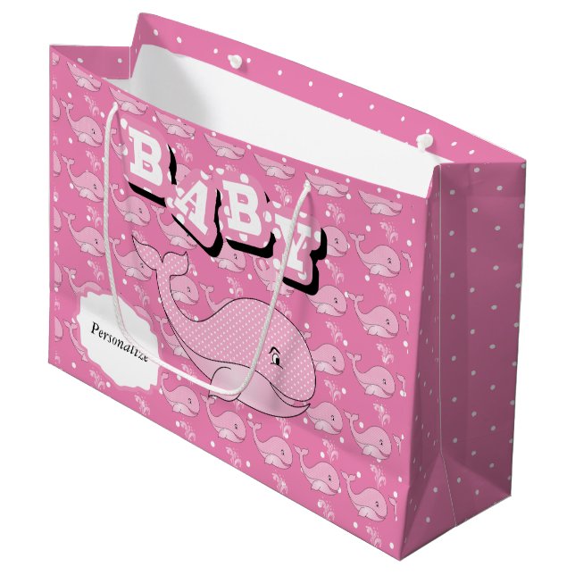 Rosa Baby-Polka punktierter Wal Große Geschenktüte (Vorderseite Schrägansicht)