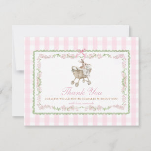 Rosa Baby-Shower-Schleife mit Häschen im Grandmill Dankeskarte