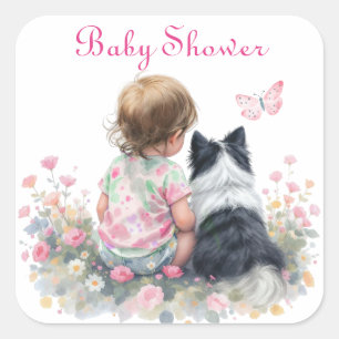 Rosa Baby- und Welpen-Baby-Shower Quadratischer Aufkleber