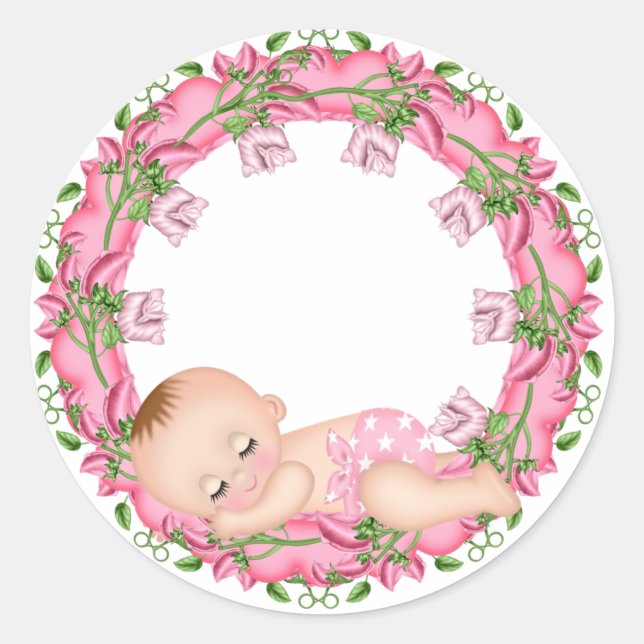 Rosa Babydusche mit Blumenklebstoff Runder Aufkleber (Vorderseite)