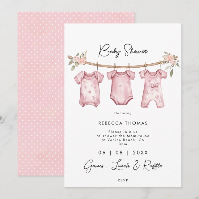 Rosa Babykleidung Baby Dusche Einladung (Vorne/Hinten)