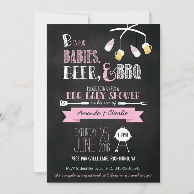 Rosa Babys, Bier u. GRILLEN Baby-Duschen-Einladung Einladung (Vorderseite)