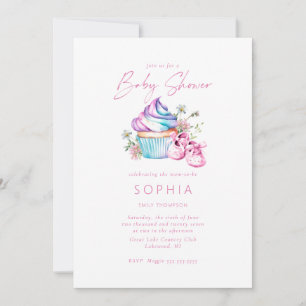 Rosa Babyschuhe, Cupcake und Blumen Baby Shower Einladung