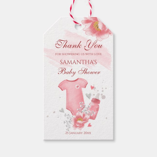 Rosa Babytrampe Flasche Blume Babydusche Geschenkanhänger (Vorderseite)
