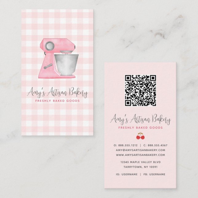 Rosa Backmischermuster Gingham QR-Code Visitenkarte (Vorne/Hinten)