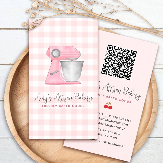 Rosa Backmischermuster mit QR-Code im Gingham-Desi Visitenkarte (Von Creator hochgeladen)