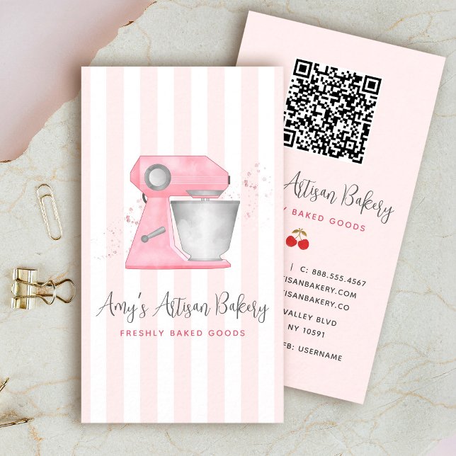 Rosa Backmischermuster-QR-Code mit Streifen Visitenkarte (Von Creator hochgeladen)