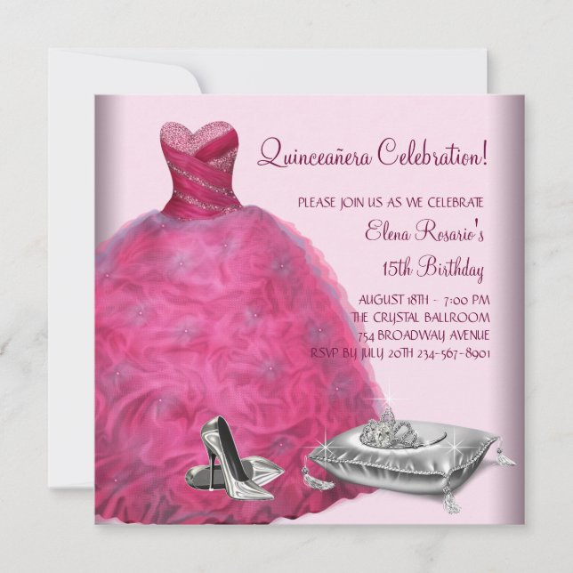 Rosa Ball Gown High Heel Shoes Pink Quinceanera Einladung (Vorderseite)