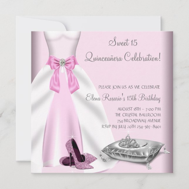Rosa Ball Gown High Heel Shoes Quinceanera Einladung (Vorderseite)