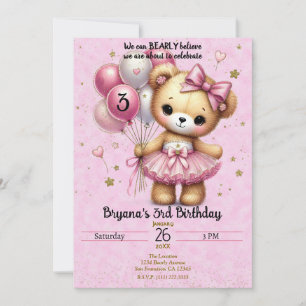 Rosa Ballerina Bär Glitterballon Geburtstagsfeier Einladung