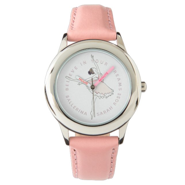 Rosa Ballerina Personalisierter Name Armbanduhr (Vorderseite)
