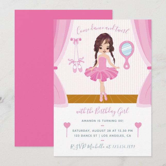 Rosa Ballerina Thema Geburtstag Einladung (Vorne/Hinten)