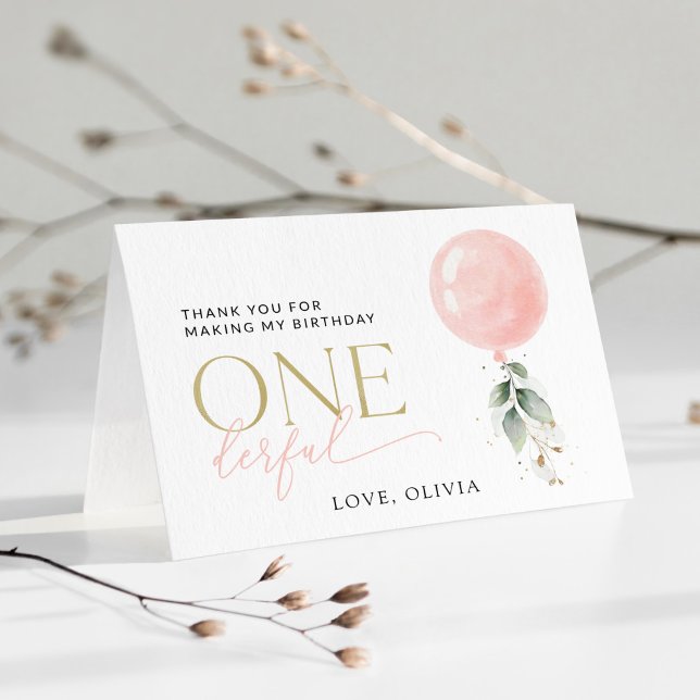 Rosa Ballon, Eukalyptus, Grüne, Erster Geburtstag Dankeskarte (Von Creator hochgeladen)