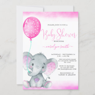 Rosa Ballon niedliche Elefantenbabydusche Einladung