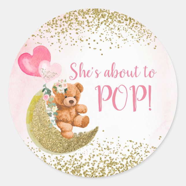 Rosa Ballon Teddy Bär Klassischer Rundsticker Runder Aufkleber (Vorderseite)