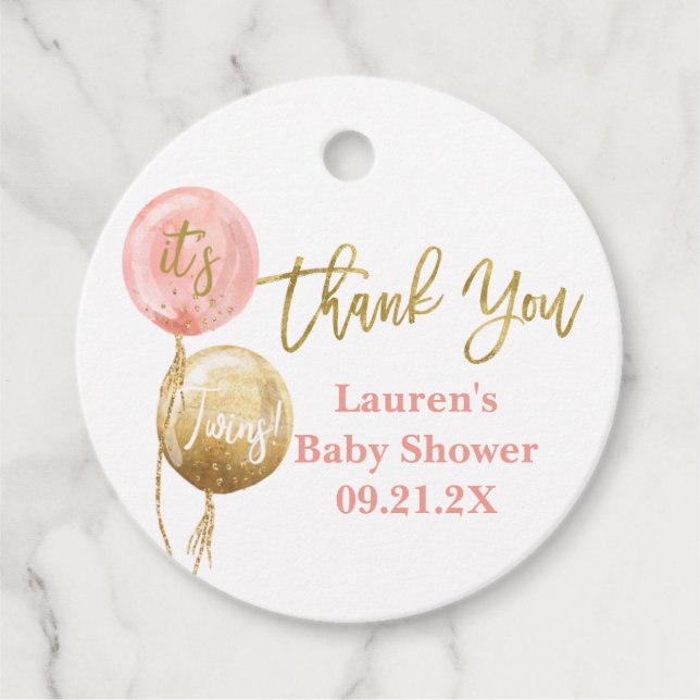 Rosa Ballons Baby Dusche Zwillingsmädchen bevorzug Geschenkanhänger (Vorderseite)