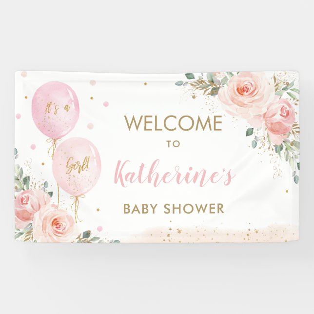 Rosa Balloons Blumendusche Begrüßung Hintergrund Banner (Horizontal)