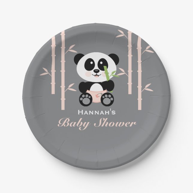 Rosa Bambuspanda-Babyparty Pappteller (Vorderseite)