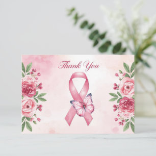 Rosa Band Brustkrebsbewusstsein mit Blumen Dankeskarte