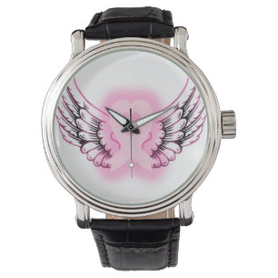 Rosa Band-Herz-Flügeluhr/-SCHWARZES Armbanduhr