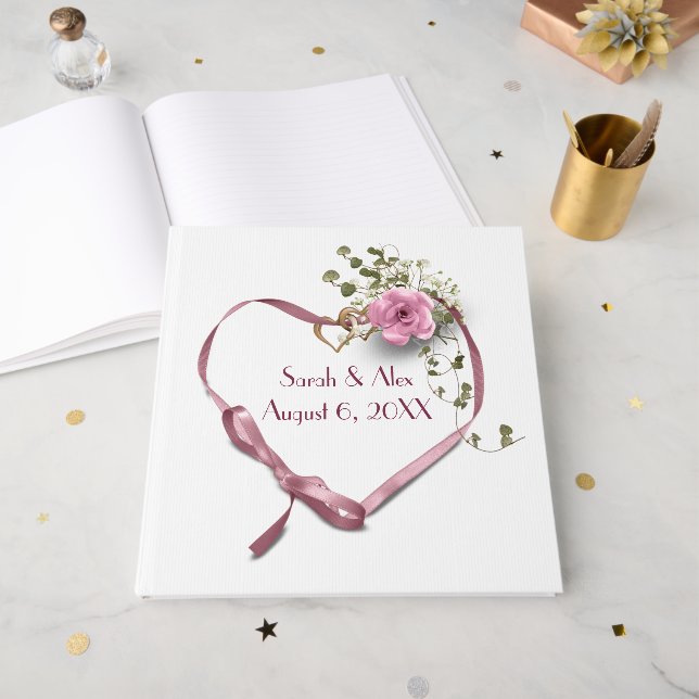 Rosa Band Herz mit Rose Gästebuch (Vorderseite offen)