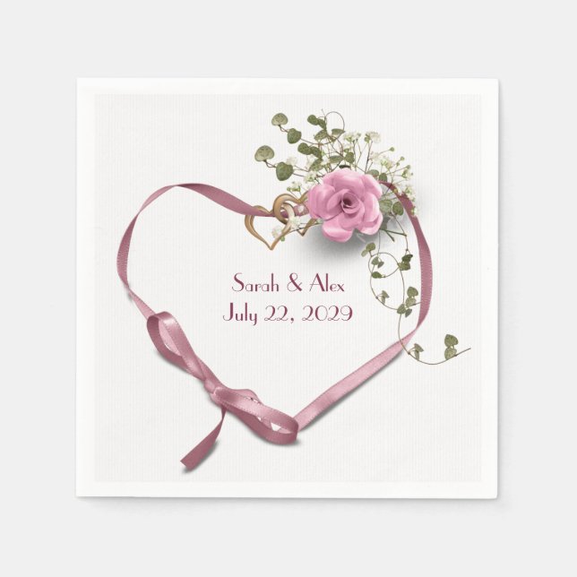 Rosa Band Herz mit Rose Serviette (Vorderseite)