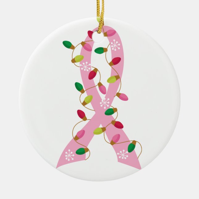 Rosa Band mit Weihnachtslicht-Brustkrebs Keramik Ornament (Vorne)