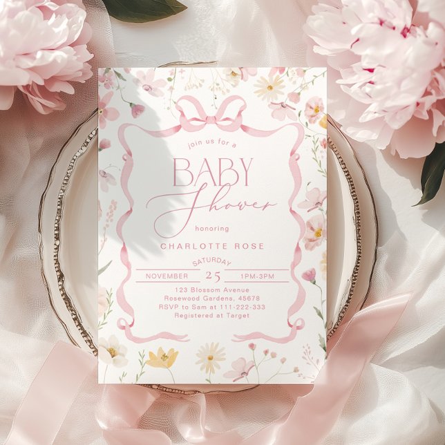 Rosa Bänder Rahmen Wildblume Babydusche Einladung (Von Creator hochgeladen)