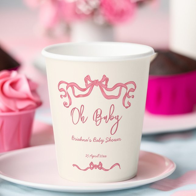 Rosa Bänderbogenknopfhose Babydusche Pappbecher (Pink ribbon bow scribble sketch baby shower paper cups personalized tableware decor)