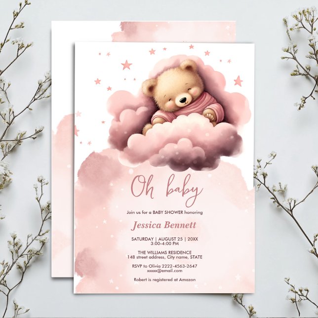 Rosa Bär auf Wolken Babydusche Einladung (Cute sleeping bear in pink clouds baby shower)