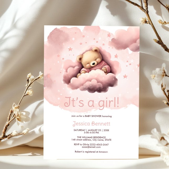 Rosa Bär auf Wolken Babydusche Einladung (Cute sleeping bear in pink clouds baby shower)
