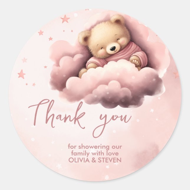 Rosa Bär auf Wolken Babydusche Einladung Runder Aufkleber (Vorderseite)