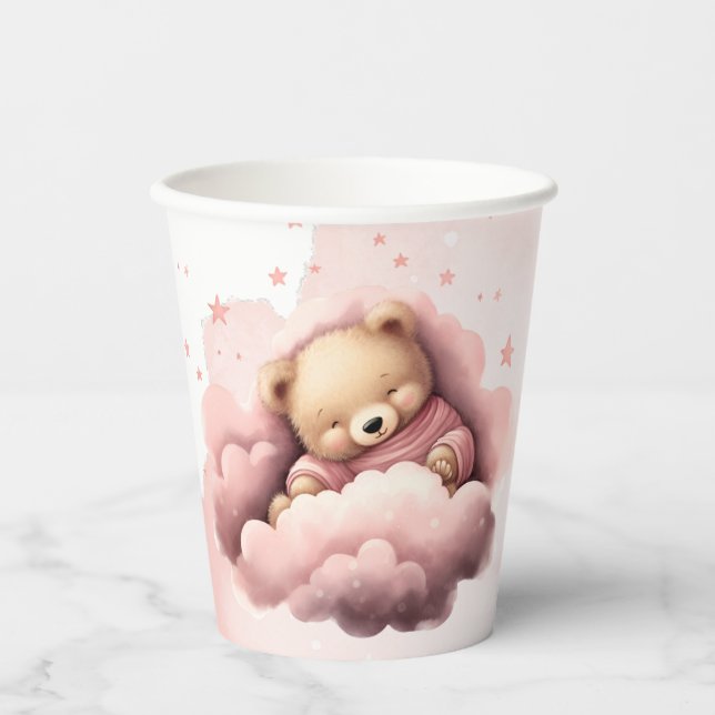 Rosa Bär auf Wolken Geburtstagskuppeln Pappbecher (Vorderseite)