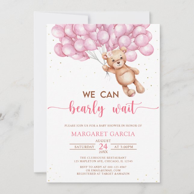 Rosa Bär mit Balloons Teddy Bear Baby Dusche Einladung (Vorderseite)
