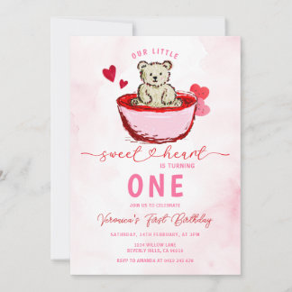 Rosa Bär Schatz zum Valentinstag 1. Geburtstag Einladung