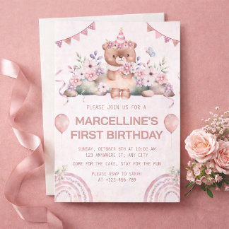 Rosa Bär zum 1. Geburtstag Einladung
