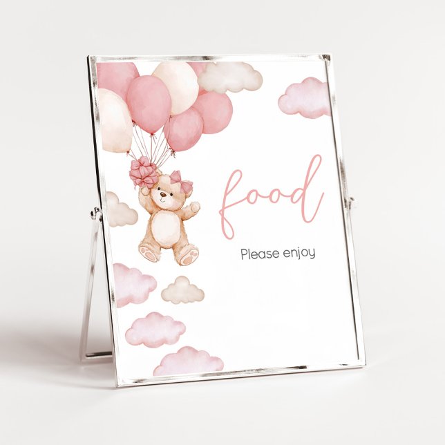 Rosa Bärenballon Bearly Wait Baby Dusche Nahrung Poster (Pink Baby Bear Balloon Baby Shower Food Sign)