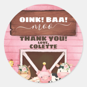 Rosa Barn Oink Baa Moo Landtiere Geburtstag Runder Aufkleber